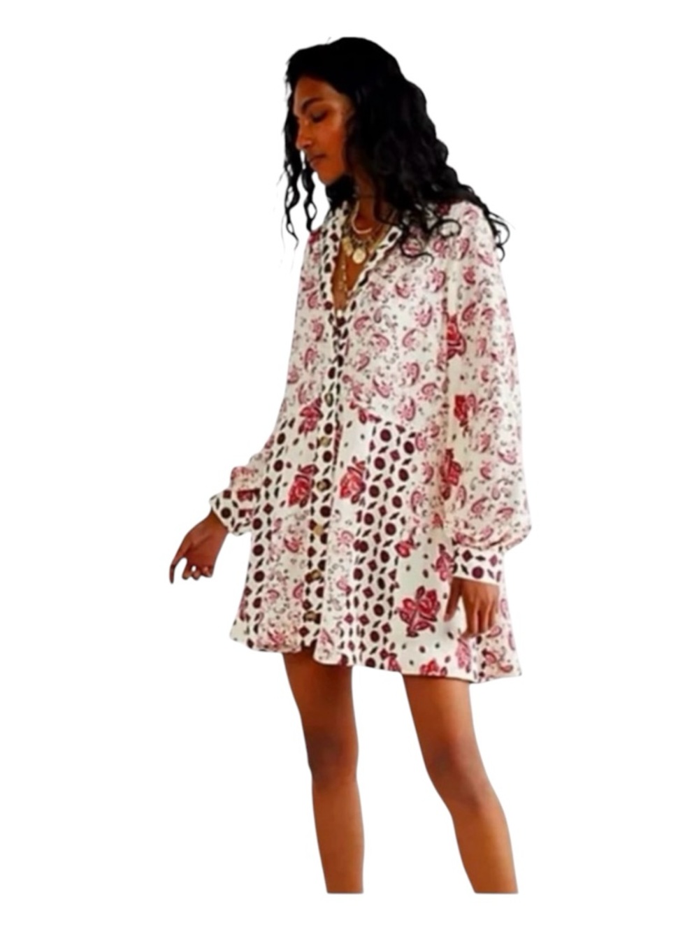 FREE PEOPLE Sylvia Mini Dress In Red, Pink & Creme Paisley/Floral Print, Size M.